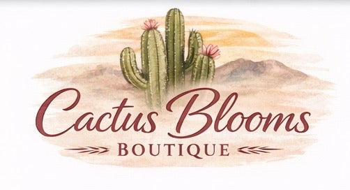Logo of Cactus Blooms Boutique with a cactus and flowers on a watercolor background.
