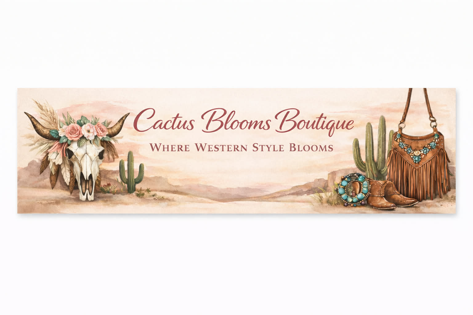 Banner for Cactus Blooms Boutique with western-themed elements on a white background